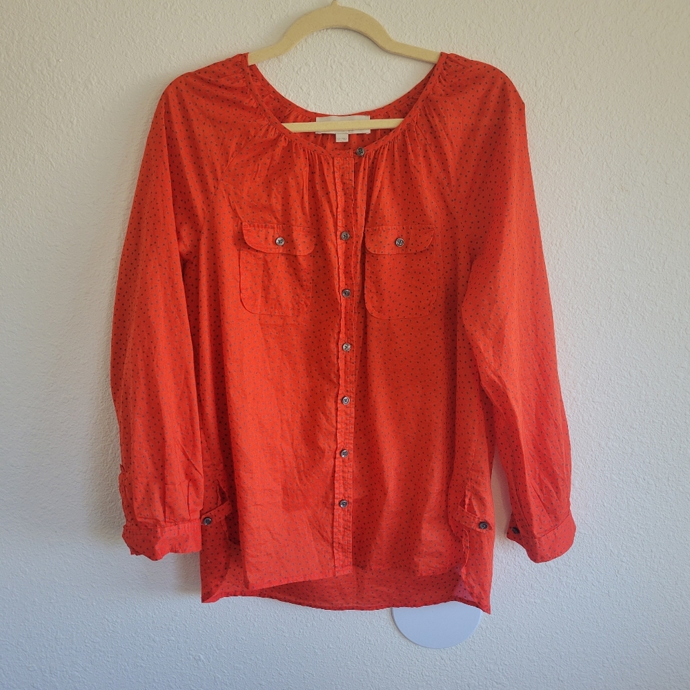 Ann Taylor LOFT Orange Polka Dot Long Sleeve Button Down Blouse Women's Size LP
